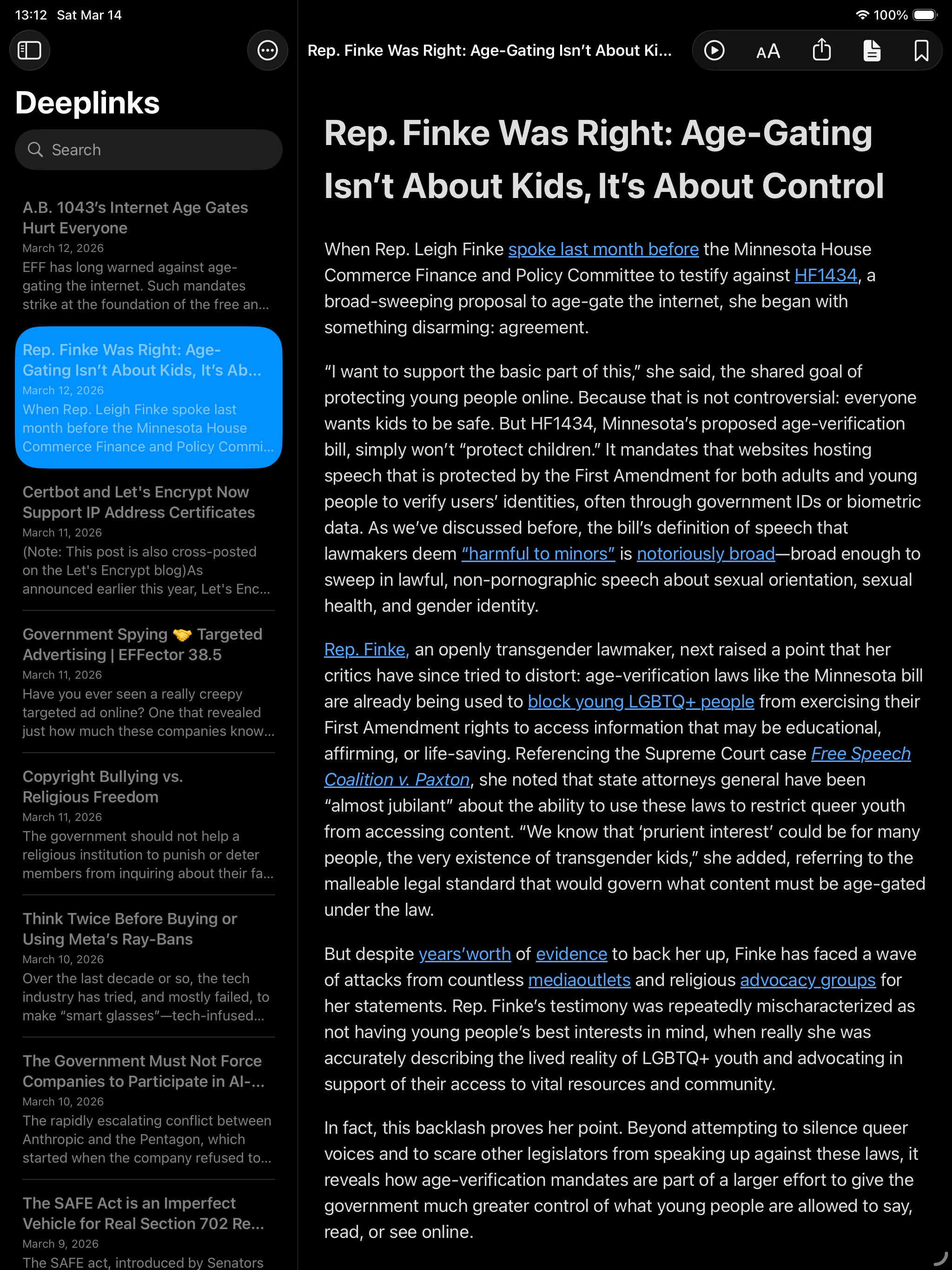 SwiftWire on iPad - Article View